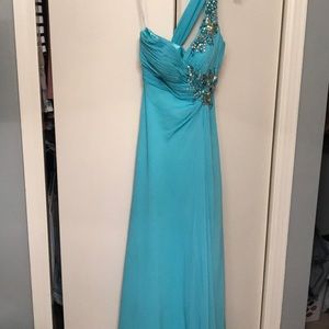 Light blue jeweled one shoulder prom dress!